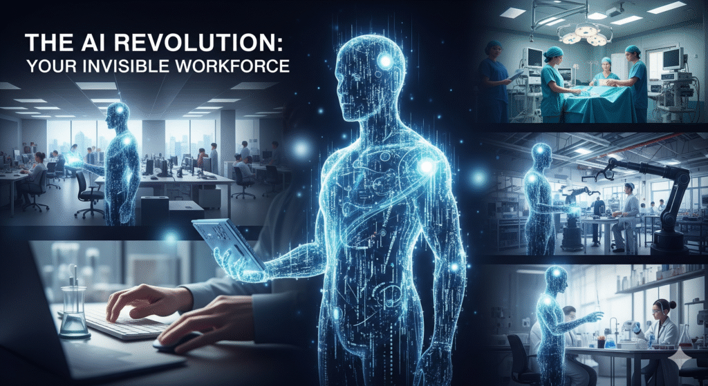 A collage showing an ethereal, digital human figure interacting with different work environments, from an office to a hospital, representing AI as an unseen but omnipresent workforce.
